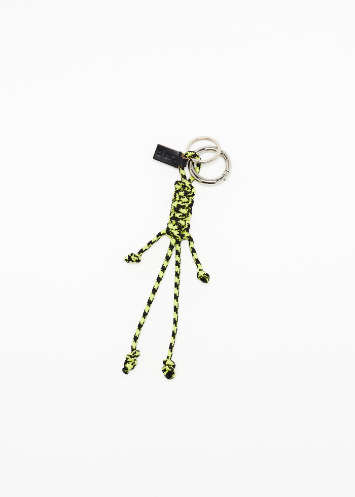 ACID GREEN AND BLACK KEY RING WITH HAND WOVEN LANYARD FRINGES