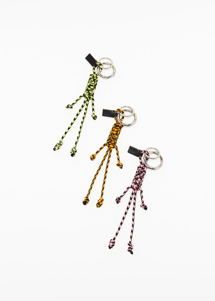 ACID GREEN AND BLACK KEY RING WITH HAND WOVEN LANYARD FRINGES
