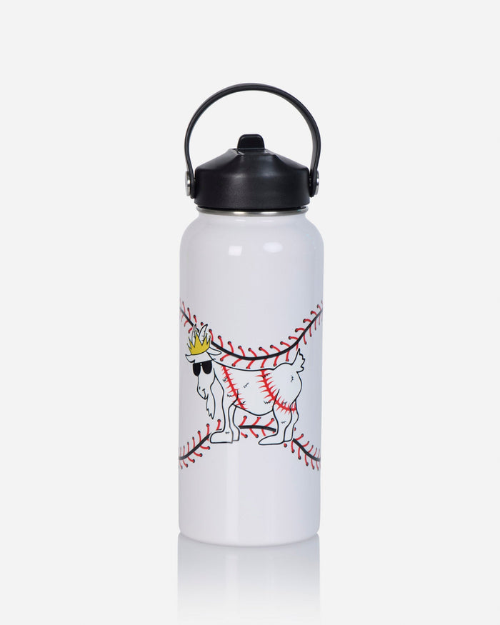 A white insulated water bottle with a black lid and handle, featuring a graphic of a cartoon goat wearing sunglasses and a gold crown, overlaid with red baseball stitching on a light gray background.