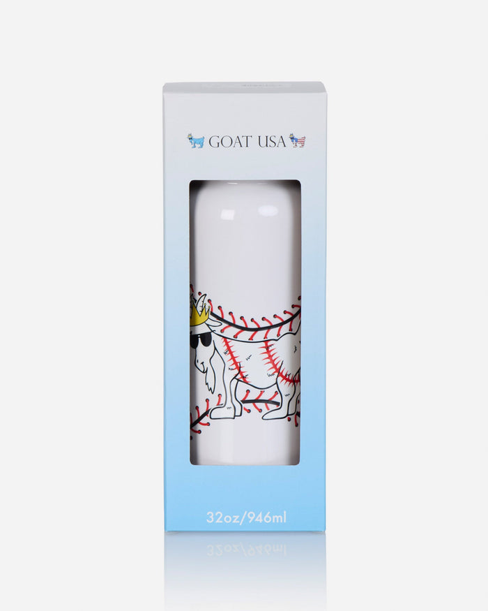 A white water bottle with a cartoon goat baseball graphic, presented inside its light blue and white Goat USA retail packaging box.