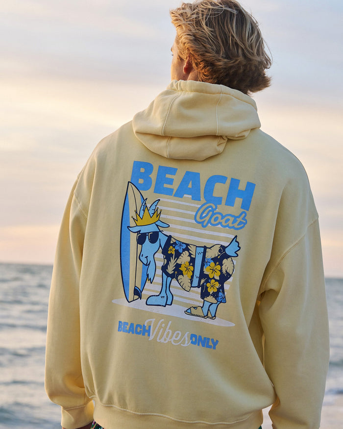 Backside of man in yellow hoodie with the ocean in the background