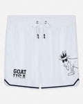 White shorts with black graphics and text on a light gray background#color_white