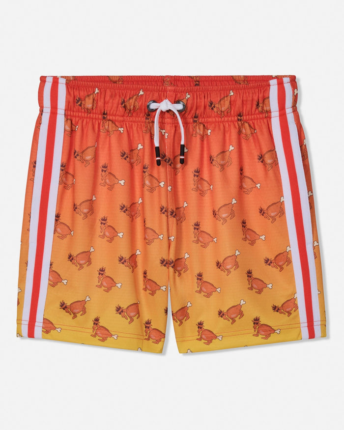 A pair of athletic shorts featuring a warm gradient from orange to yellow, covered in a repeating pattern of cartoon goats. It has white side stripes and a white drawstring.