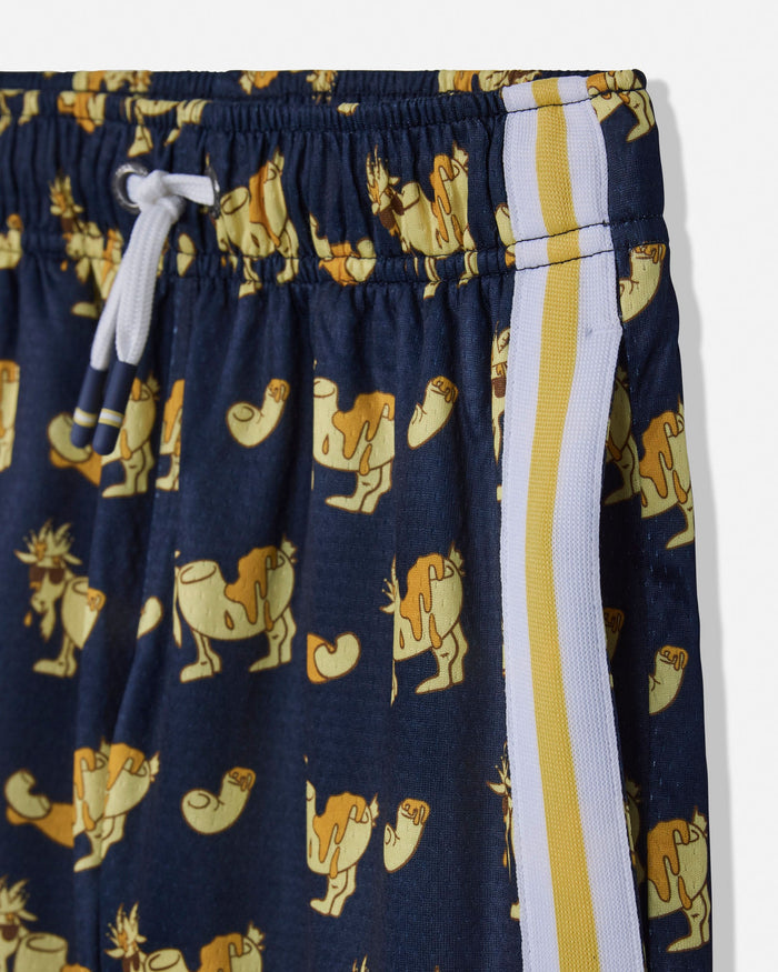 Close-up of navy blue shorts with a repeating goat print, a white drawstring, and a vertical white and yellow stripe along the side.