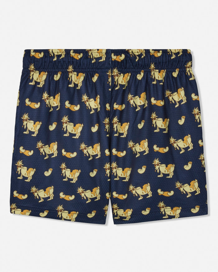 A pair of navy blue shorts featuring an all-over repeating pattern of cartoon goats in yellow, orange, and white, displayed flat against a light gray background.