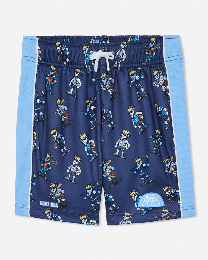 A pair of kids' athletic shorts in navy blue with a repeating cartoon goat pattern, featuring light blue side panels and a white drawstring.