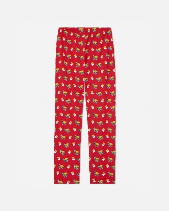 Red pants with burger & fries pattern on a white background