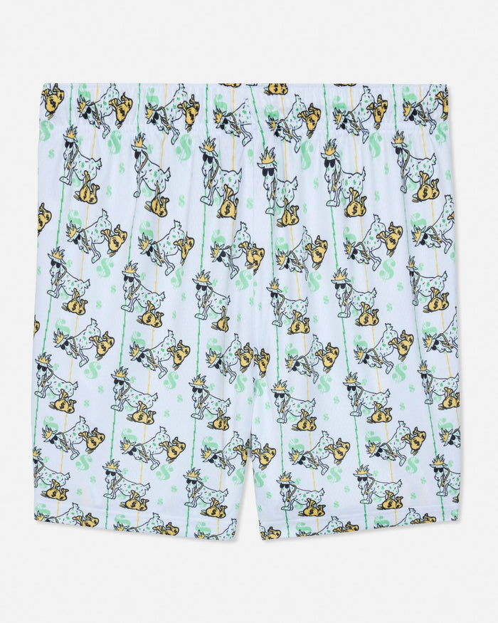 Shorts with a cartoon goat pattern on a white background