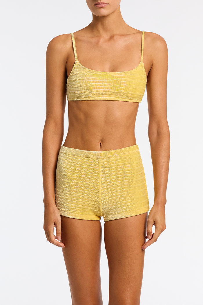 Celeste Maca Triangl Yellow Textured Velvet Shorts