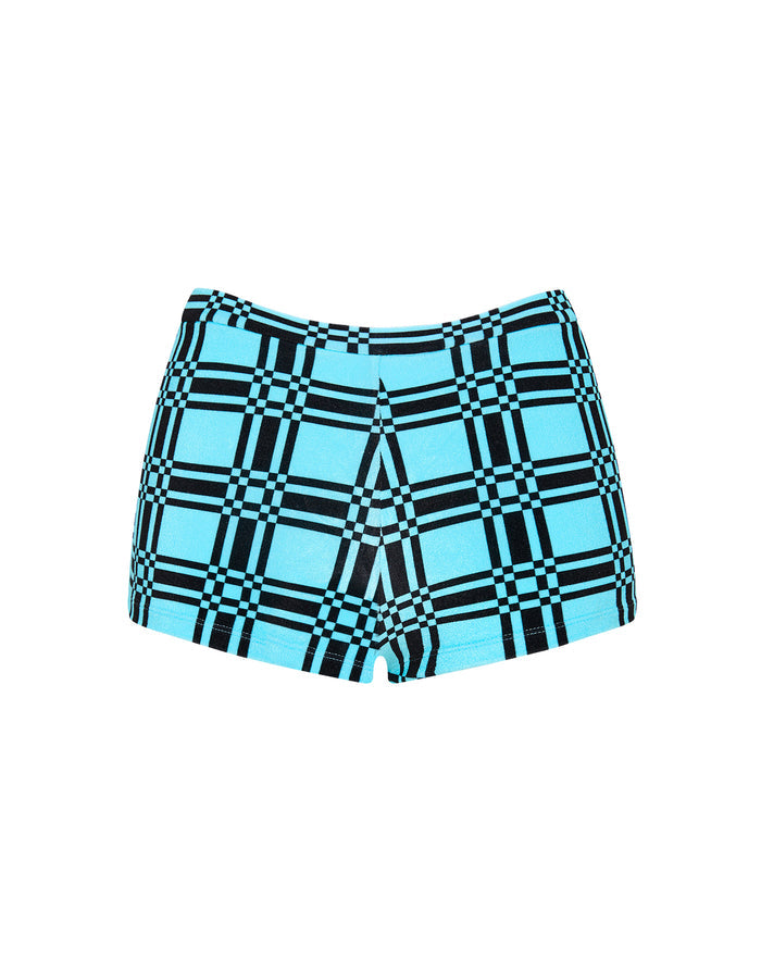 Celeste Turch Triangl Blue and Black Velvet Shorts.