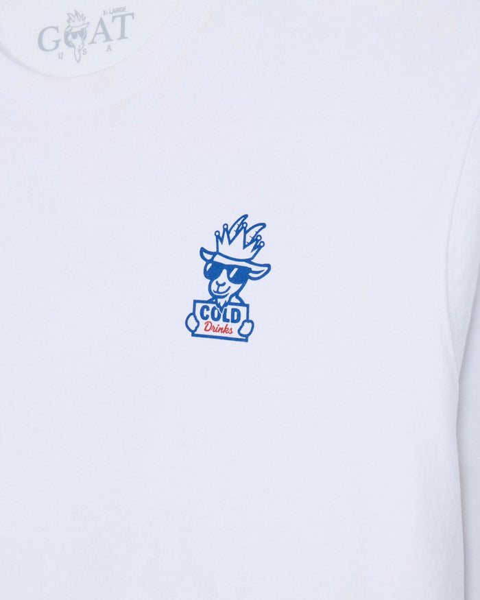 Close-up of a white long-sleeve t-shirt featuring a blue cartoon mascot graphic on the chest with the text 'COLD Drinks' and a faint 'GOAT USA' logo printed inside the collar.