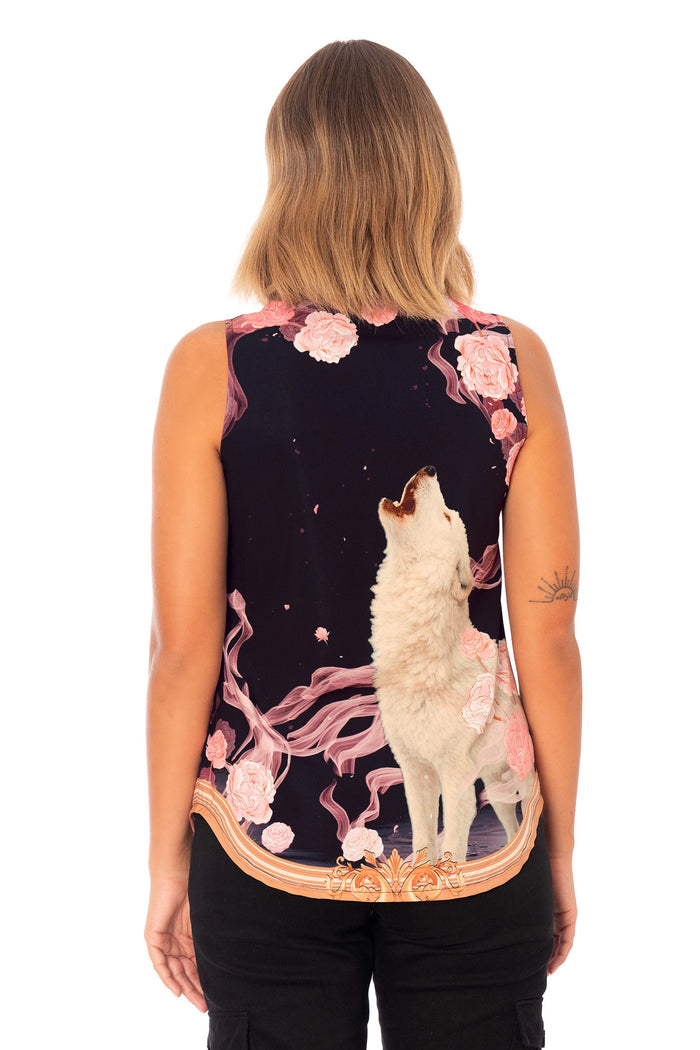 Front close image of Crying to the Moon Business Time Shirt with fitted sleeveless shape and dark fantasy wolf artwork