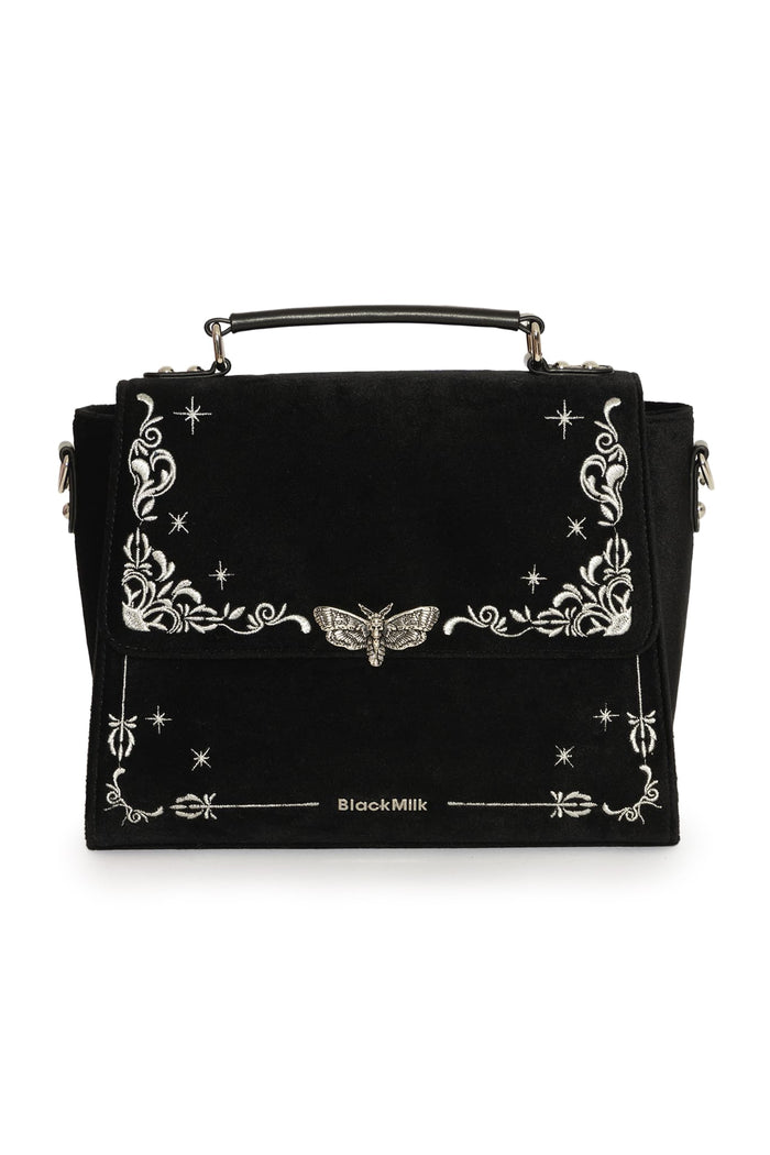 BlackMilk Death's Head Hawkmoth Velvet Handbag, black velvet bag with hawkmoth design, gothic style from the Deathly Drop Collection
