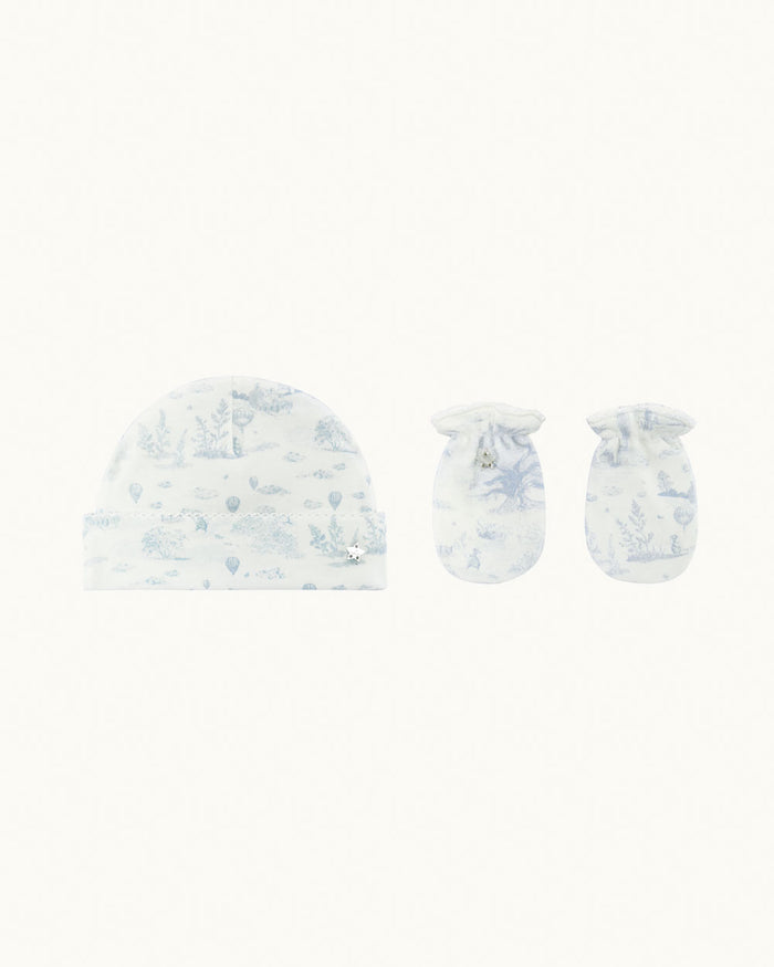 Delani Toile De Jouy Hat & Mittens Set - Blue