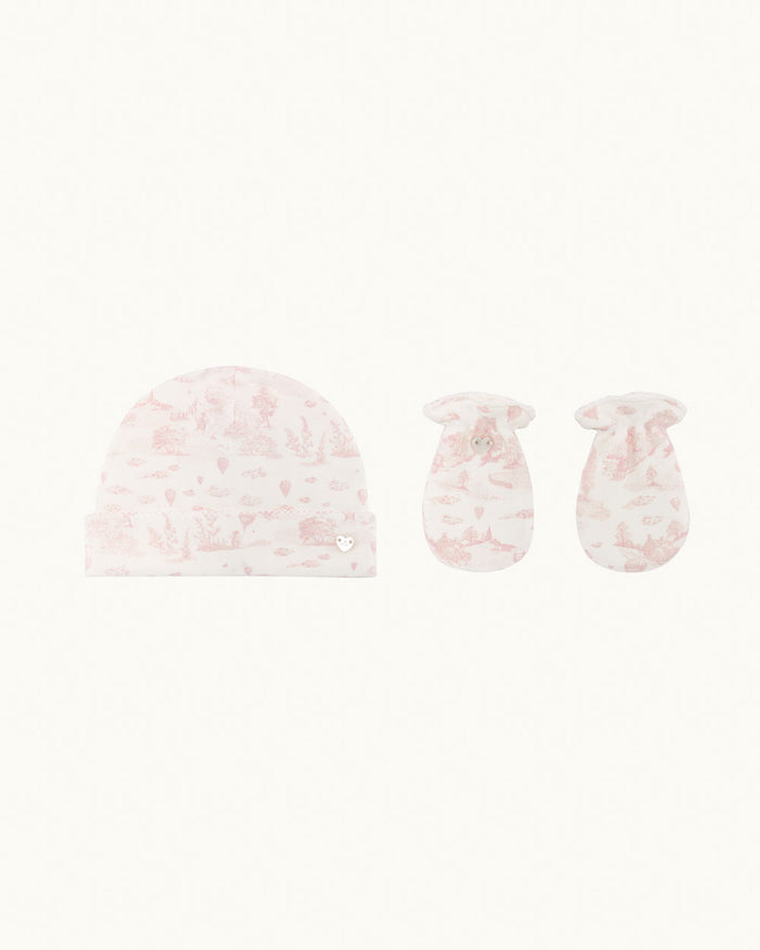 Delani Toile De Jouy Hat & Mittens Set - Pink