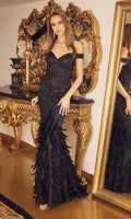 Black Feather-Skirt Off-Shoulder Long Prom Dress C1106