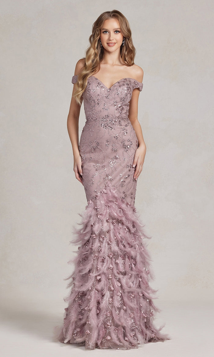 Feather-Skirt Off-Shoulder Long Prom Dress C1106
