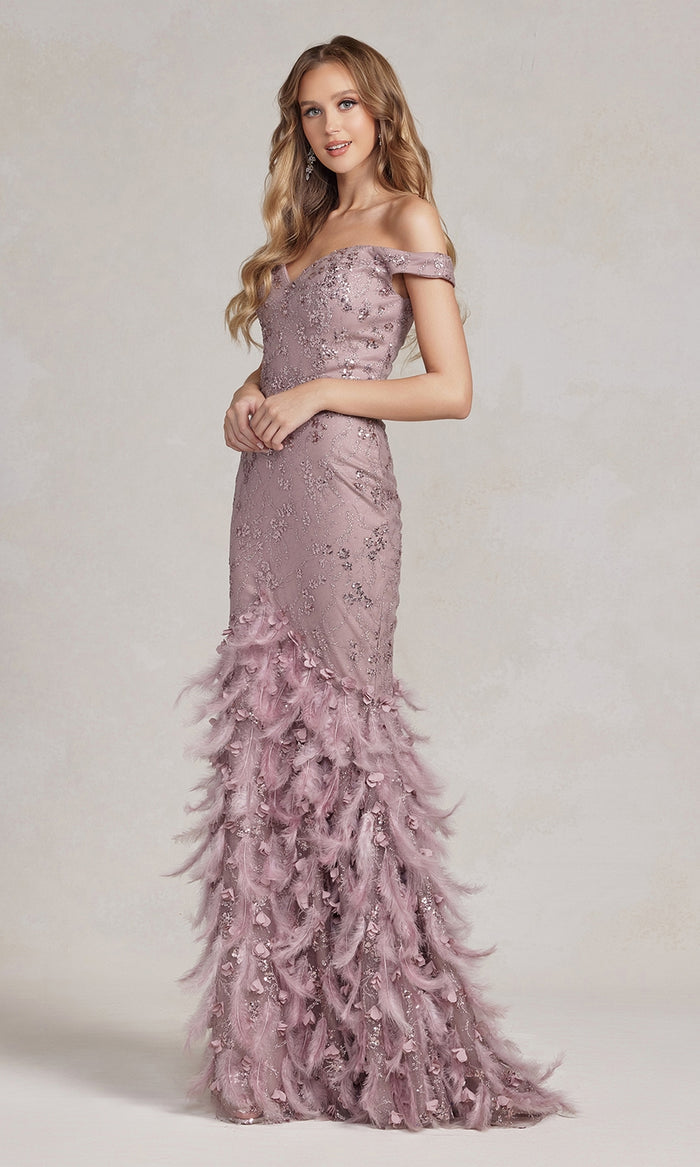 Feather-Skirt Off-Shoulder Long Prom Dress C1106