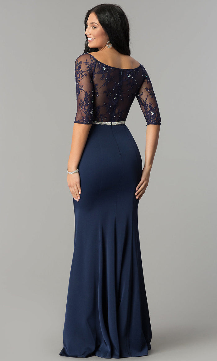 Formal Dress with Sheer Lace Three-Quarter Sleeves