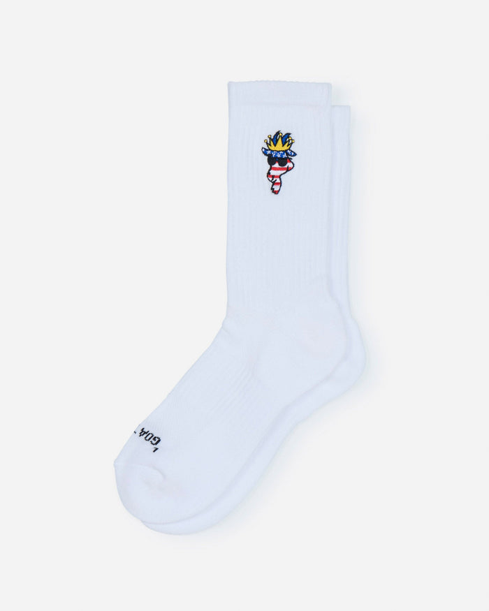 White sock with a colorful character design on a light gray background