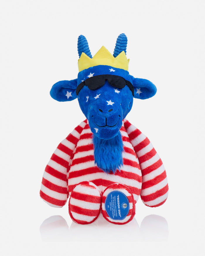 Blue plush toy with a yellow crown, red and white striped, and star pattern on a white background
