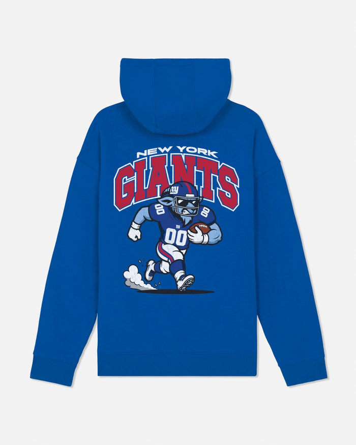 A royal blue hoodie shown from the back, featuring a large graphic of a cartoon New York Giants football player beneath the words 'NEW YORK GIANTS' in red and white.