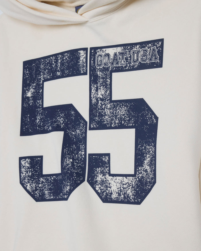 Close-up of an off-white hooded sweatshirt featuring a large distressed navy blue '55' graphic on the front, with 'GOAT-USA' printed inside the upper right of the number.