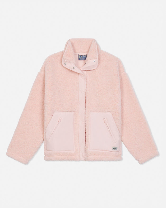 A light pink sherpa fleece jacket with a stand-up collar, snap-button placket, and two front patch pockets, shown flat on a white background.