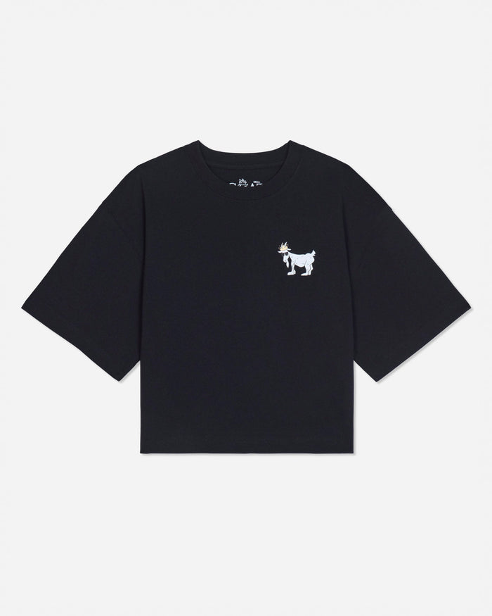 Black oversized crop top with white goat design#color_black