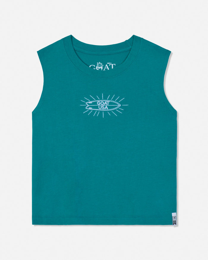 Teal tank top with a logo on a white background