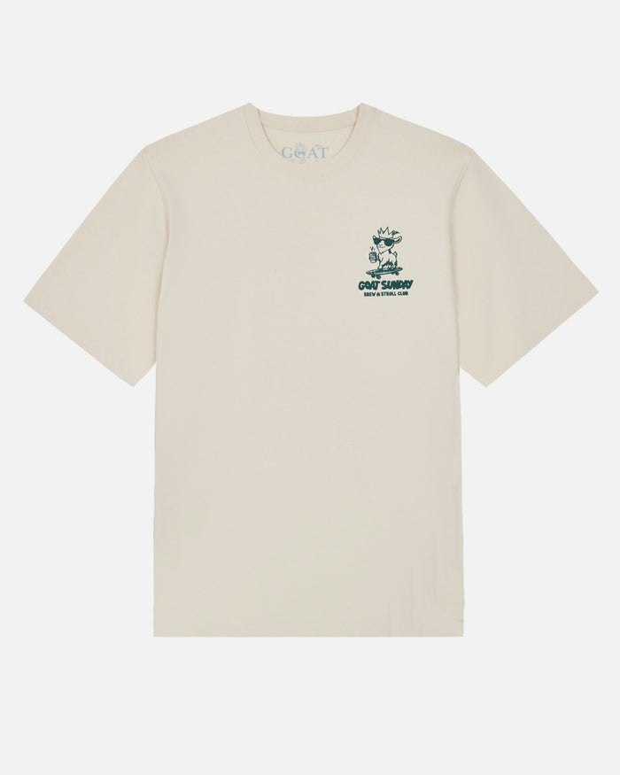 Beige t-shirt with a small graphic and text on a white background