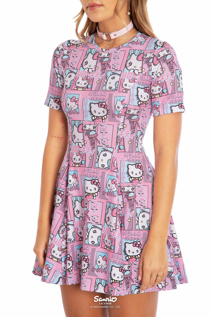 Hello Kitty Merchandise - Official Sanrio Products - Licensed Apparel - Kawaii Fashion - Womens's Pastel Pink Mini Dress - Short Sleeve