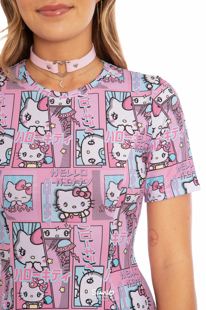 Hello Kitty Merchandise - Official Sanrio Products - Licensed Apparel - Kawaii Fashion - Womens's Pastel Pink Mini Dress - Short Sleeve