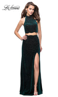 Forest Green High-Neck Two-Piece Velvet La Femme Prom Dress