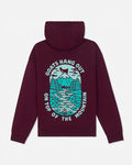 A maroon pullover hoodie shown from the back, featuring a large graphic print of a mountain scene in teal and white with the text 'GOATS HANG OUT ON TOP OF THE MOUNTAIN'.