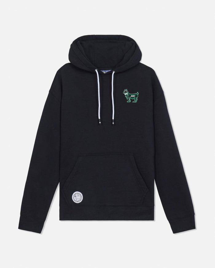 A black pullover hoodie with white drawstrings, featuring a small green embroidered goat logo on the left chest and a circular white patch on the lower left front pocket, shown against a light gray background.