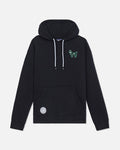 A black pullover hoodie with white drawstrings, featuring a small green embroidered goat logo on the left chest and a circular white patch on the lower left front pocket, shown against a light gray background.