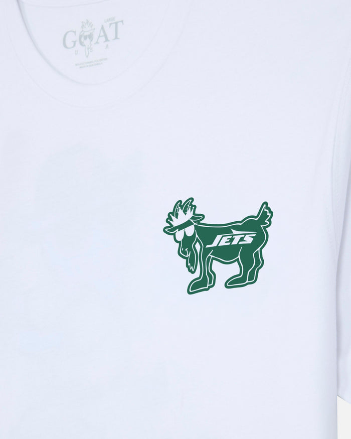 White short-sleeve t-shirt featuring a green outline of a goat mascot with 'JETS' printed on its side, and a faint 'GOAT USA' logo printed inside the collar.