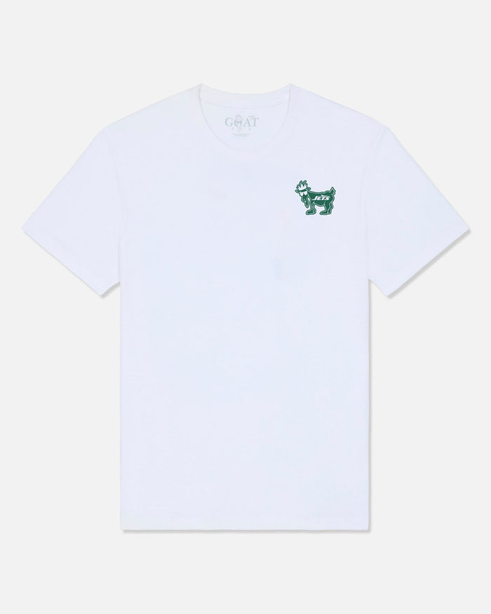 A white short-sleeve crewneck t-shirt with a small green embroidered goat logo on the left chest, displayed flat against a light gray background.