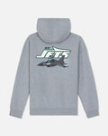 A heather gray pullover hoodie shown from the back, featuring a large graphic print of a fighter jet and the text 'NY JETS' in green, white, and gray.