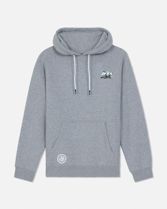 A heather gray pullover hoodie with white drawstrings, featuring a small green and white graphic on the left chest and a circular white logo patch near the lower left front pocket, displayed against a light gray background.