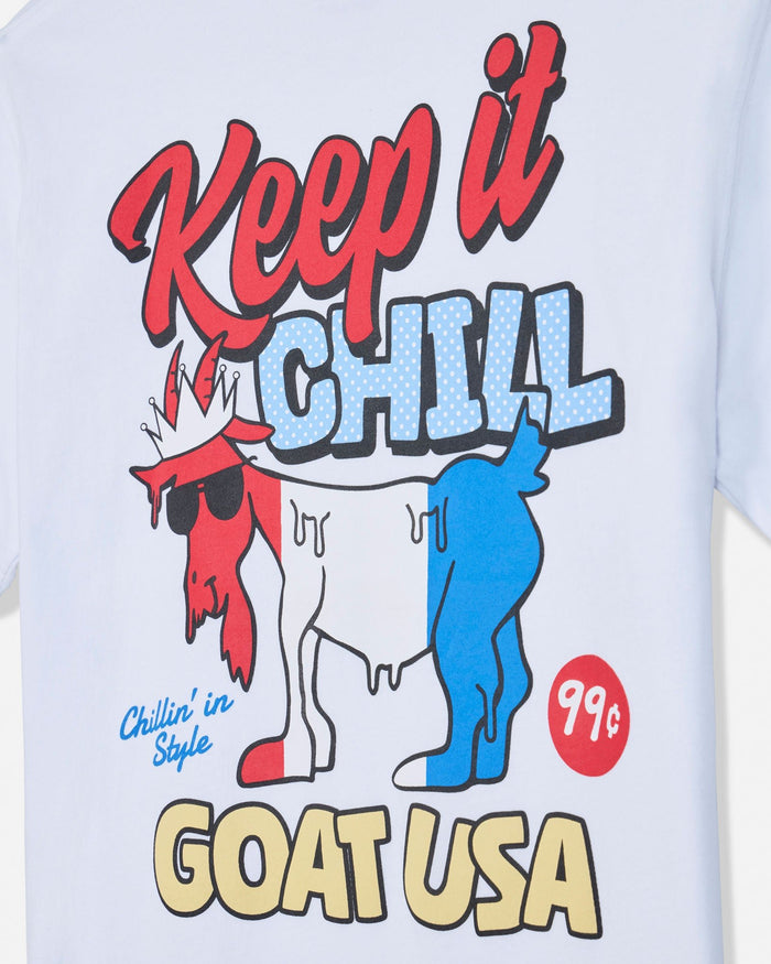 T-shirt with 'Keep it Chill' graphic and cartoon goat design on a white background