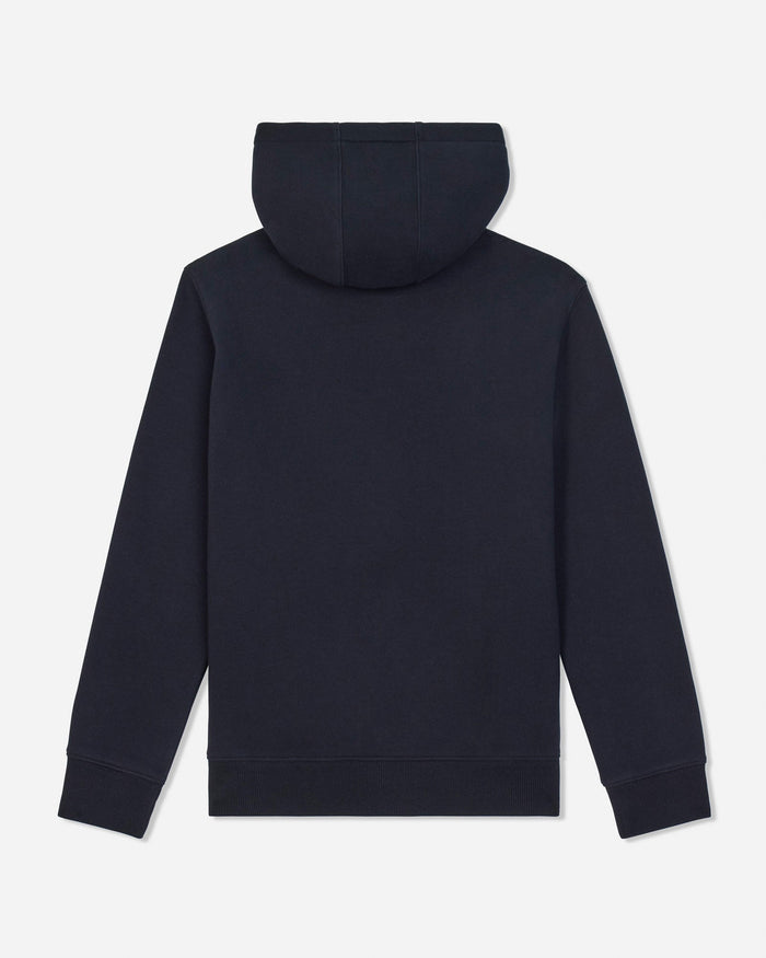 A black hooded sweatshirt shown from the back, featuring a solid color design with ribbed cuffs and hem, set against a light gray background.