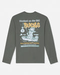 A dark gray long-sleeve t-shirt shown from the back, featuring a graphic print of a cartoon fisherman in a boat with the text 'Hooked on the BIG Bucks' and 'Stop Fishing, Start Catching' in yellow, white, and light blue.
