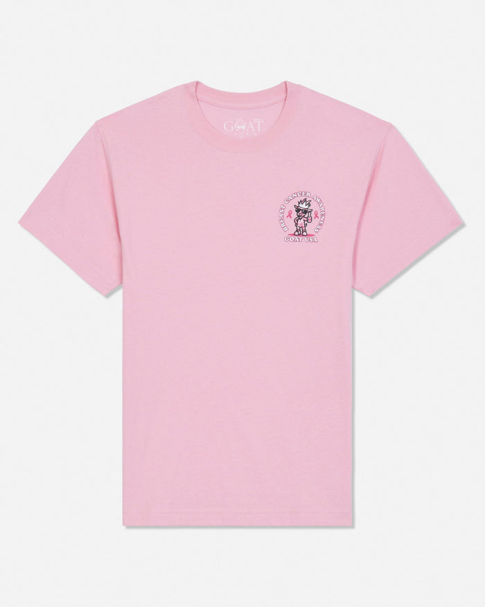 A light pink short-sleeve crewneck t-shirt with a small circular graphic on the left chest, displayed flat against a clean white background.
