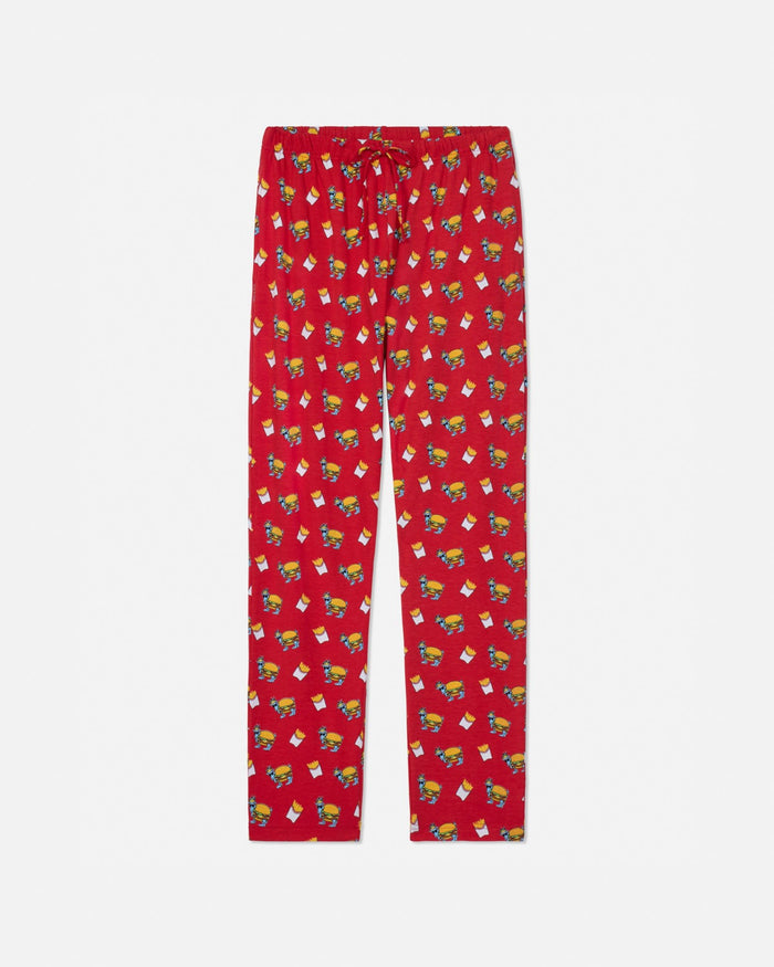 Red pajama pants with burger & fries pattern on a white background