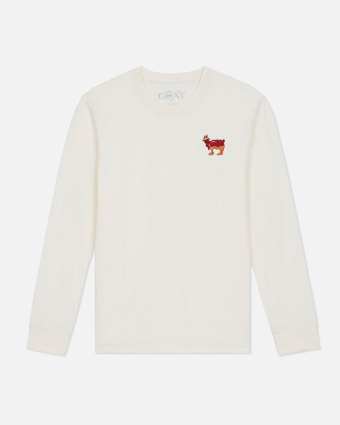 An off-white long-sleeve crewneck sweatshirt featuring a small embroidered red and orange goat graphic on the left chest, displayed on a clean white background.