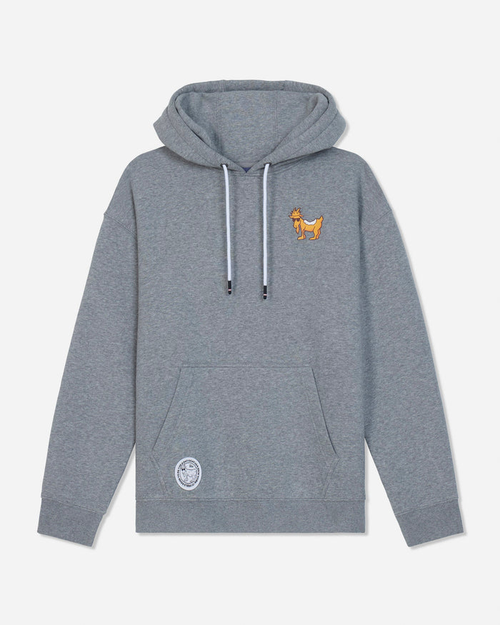 A heather gray pullover hoodie with a small embroidered goat logo on the left chest and a circular white logo patch near the bottom left pocket, shown against a light gray background.