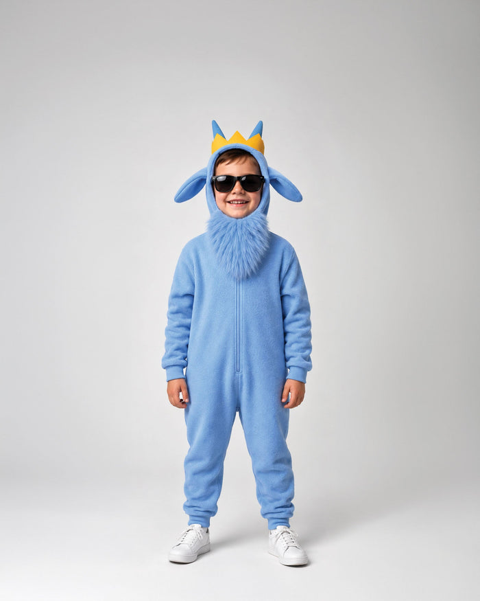 A child wearing a light blue full-body costume with a fuzzy hood, pointed ears, and a small yellow crown, standing against a plain light gray studio background.