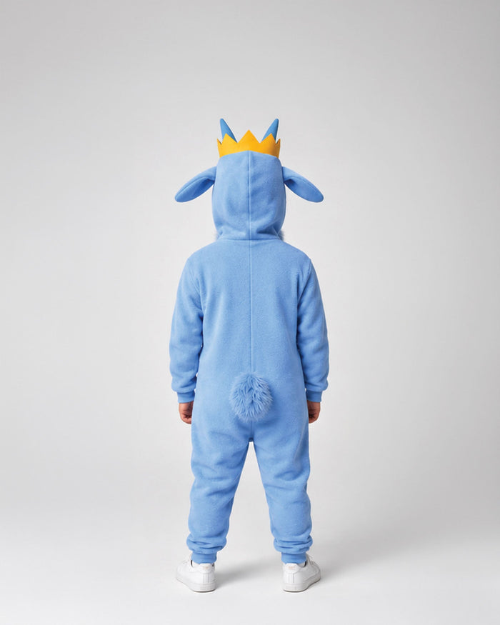 A child viewed from the back wearing a light blue hooded one-piece costume with floppy ears, a yellow and blue crown on the hood, and a fluffy pom-pom at the back, standing against a light gray studio background.